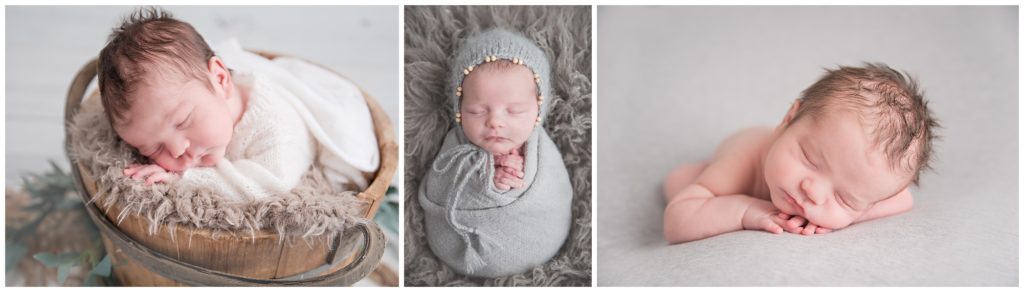 3 images: posed baby boy in bucket, posed baby girl in grey wrap, posed baby boy naked