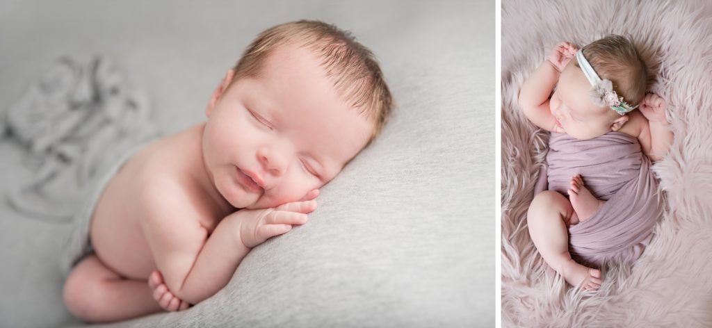 Newborn Photography | Aiden Laurette Photography | Infant posed on Grey Blanket | Infant Wrapped in mauve fur