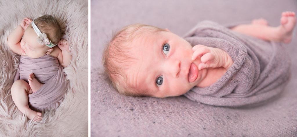 2 infants posed on purple | Studio newborn photography | Aiden Laurette Photography
