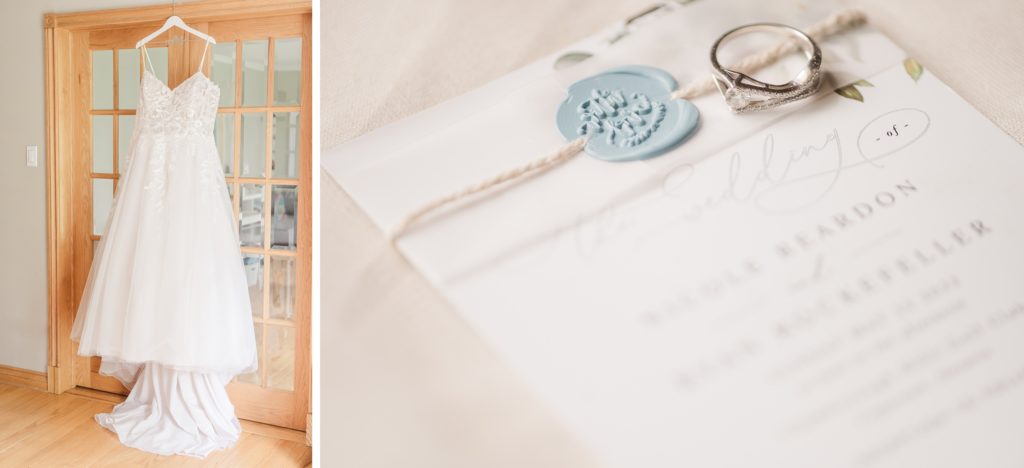 aiden laurette photography | wedding dress hanging on while hanger in front of glass pane oak wooden doors and engagement ring sitting on cardstock invitation with light blue wax seal