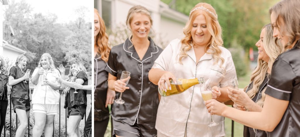 aiden laurette photography | group of women standing on a deck toasting with champagne