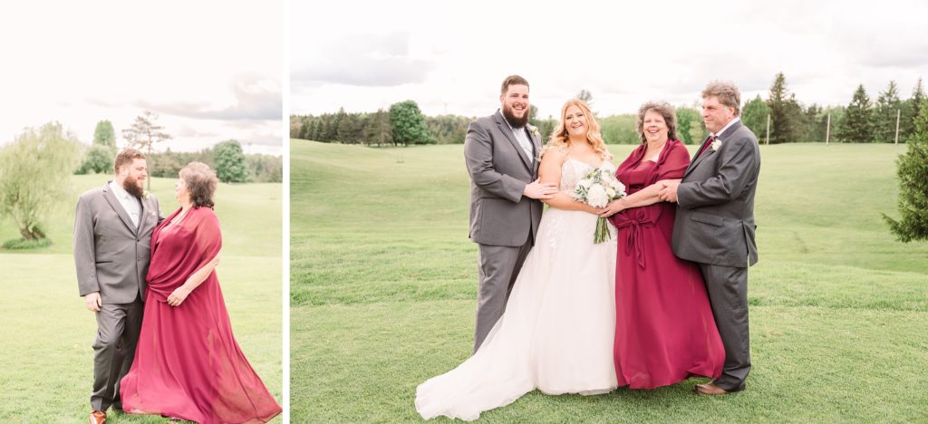 aiden laurette photography | men in suits pose with bride and woman in red formal dress