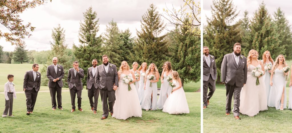 aiden laurette photography | bridal party walks together in front of greenery