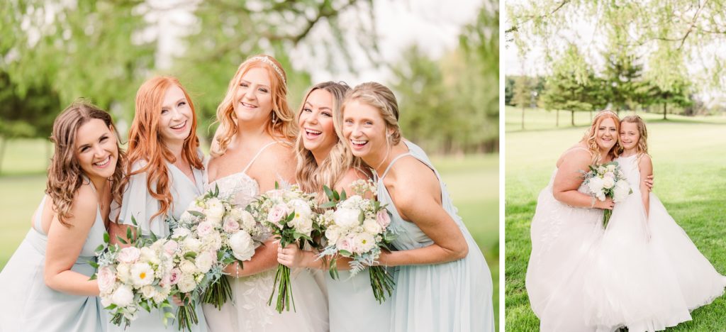 aiden laurette photography | group of women posing and smiling, bride hugs little girl in white dress