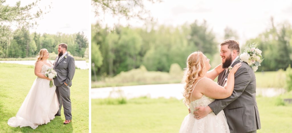 aiden laurette photography | bride and groom pose together on grass in front of trees
