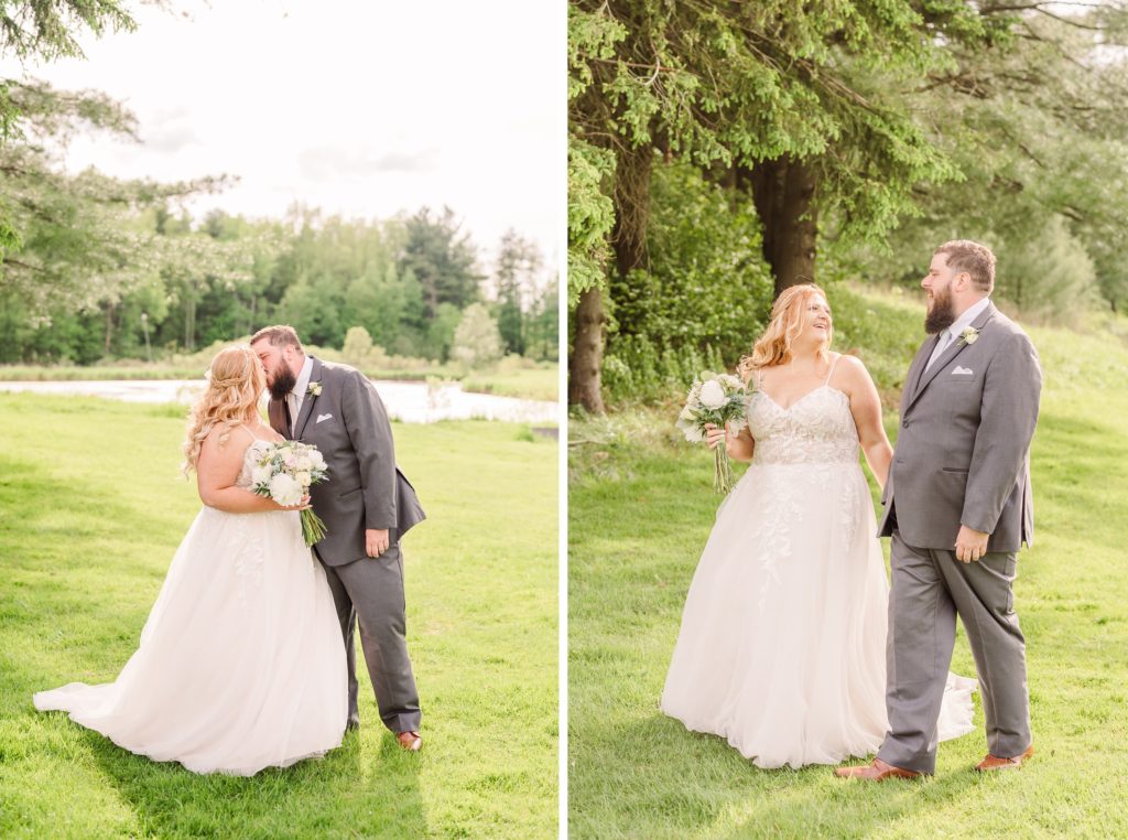 aiden laurette photography | bride and groom kiss and walk on grass in front of trees