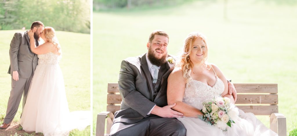 aiden laurette photography | bride and groom kiss on grass in front of trees bride and groom sitting on bench