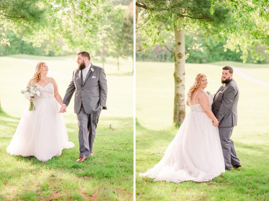 aiden laurette photography | bride and groom pose on grass in front of trees