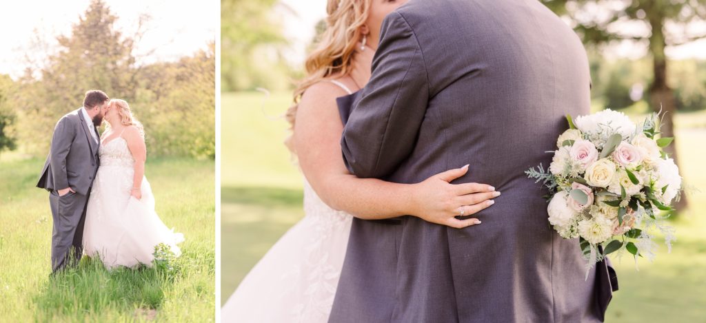 aiden laurette photography | bride and groom kiss on grass in front of trees