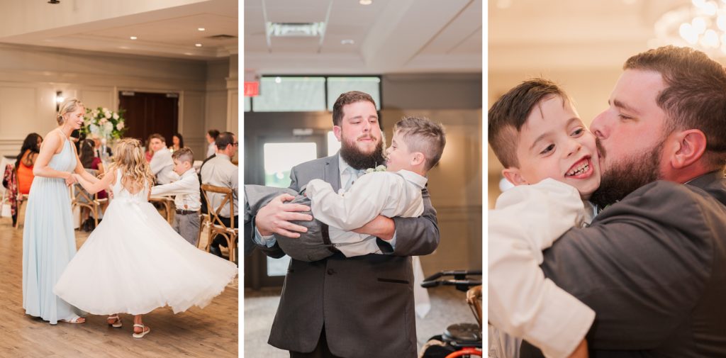 aiden laurette photography | blonde woman dances with little girl in a white dress, bearded man carries little boy both in formal attire