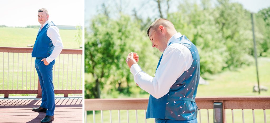 Aiden Laurette Photography | groom poses on deck in front of balcony