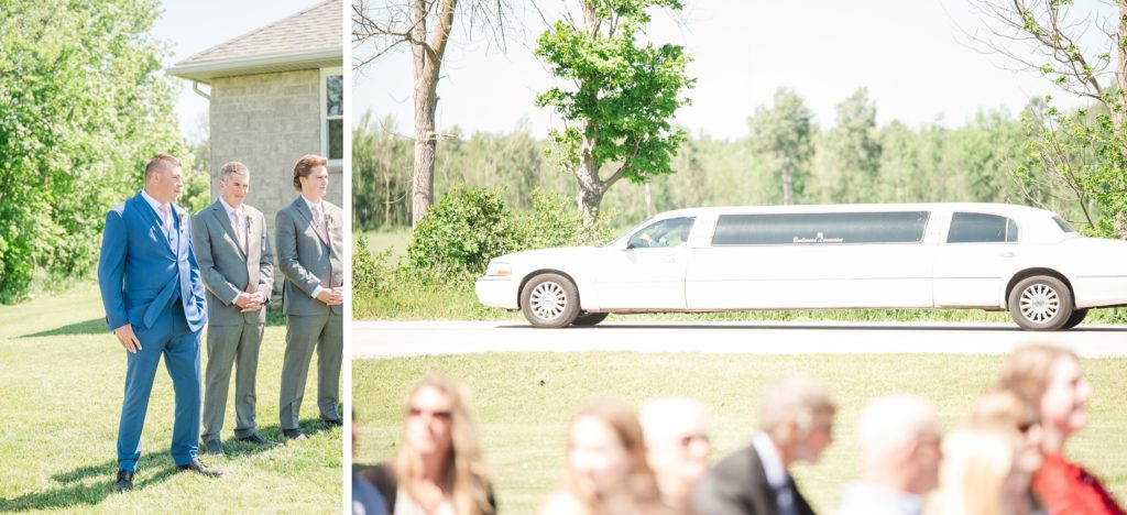 Aiden Laurette Photography | groom and groomsmen stand at alter; photo of white limo