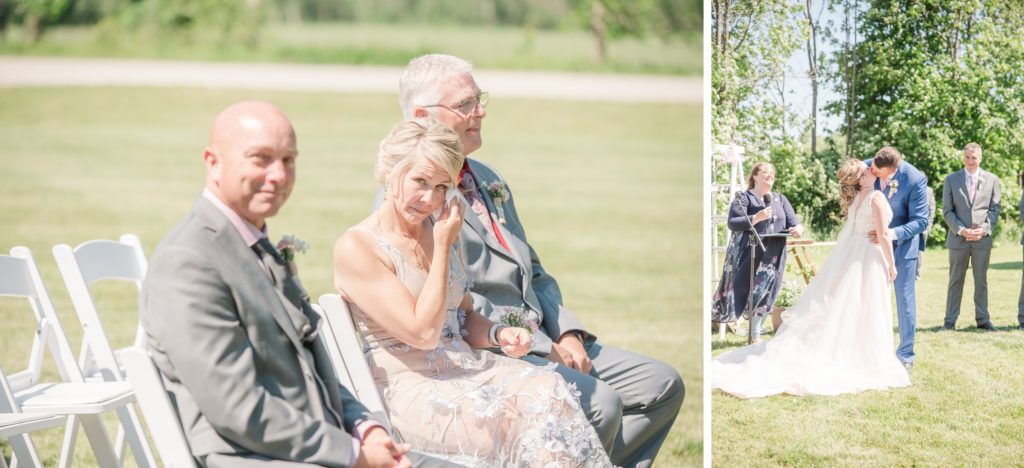 Aiden Laurette Photography | two men and a woman sitting in chairs; bride and groom kiss