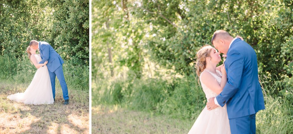 Aiden Laurette Photography | bride and groom kiss in front of trees
