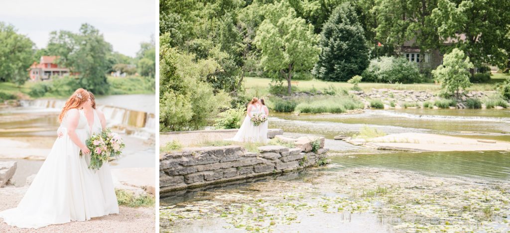 Aiden Laurette Photography | brides kiss in front of greenery and creek