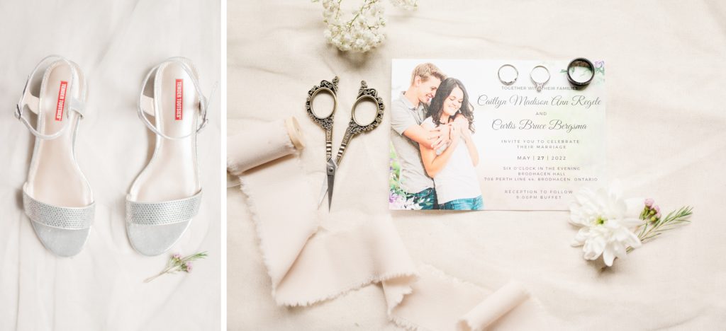 Aiden Laurette Photography | silver strappy heeled shoes and wedding accessories flatlay