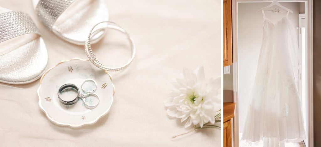 Aiden Laurette Photography | wedding accessories flatay wedding dress hangs on custom "mrs" hanger in doorway