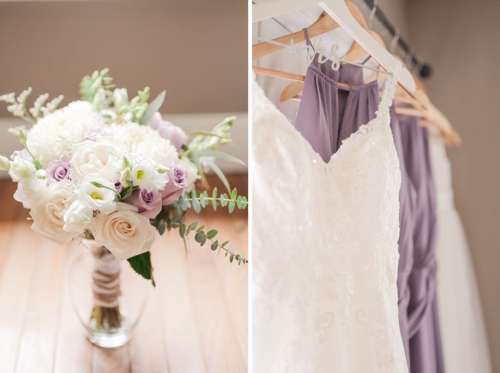 Aiden Laurette Photography | purple and white wedding flowers and wedding gown hangs in front of purple bridesmaids dresses