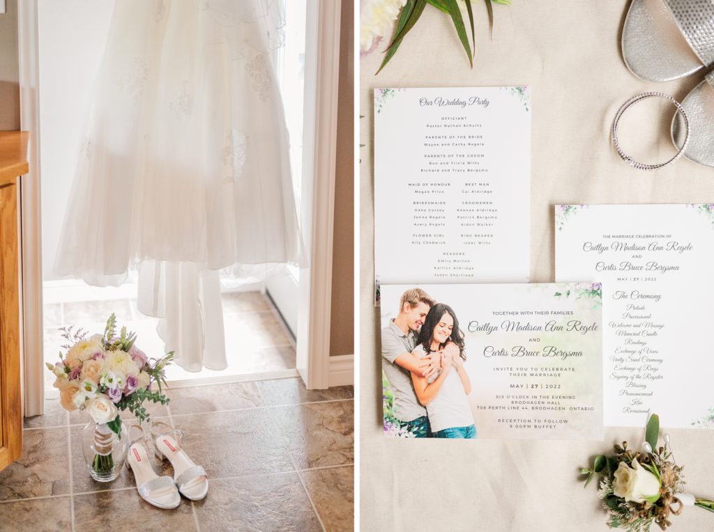 Aiden Laurette Photography | wedding dress train, shoes and flowers close up of wedding invitations and details