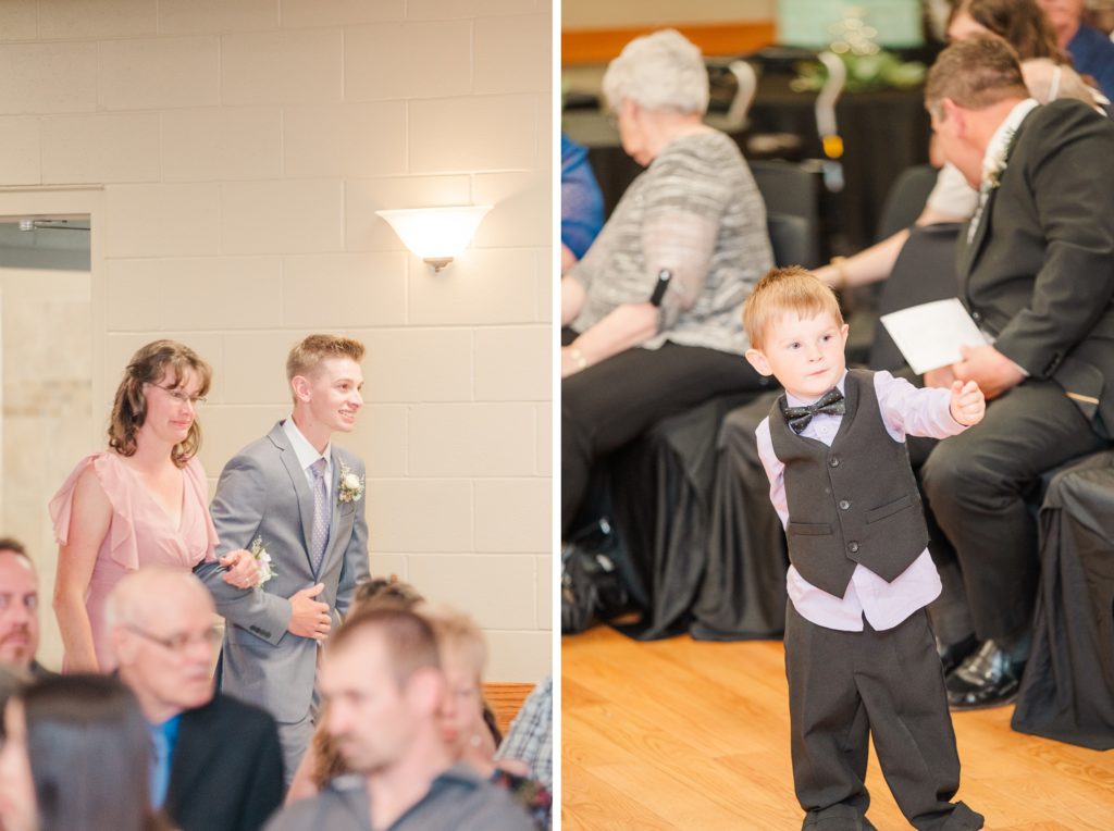 Aiden Laurette Photography | man in light grey suit walks with brunette in light pink dress, small red headed  boy in vest dress shirt bowtie and dress pants