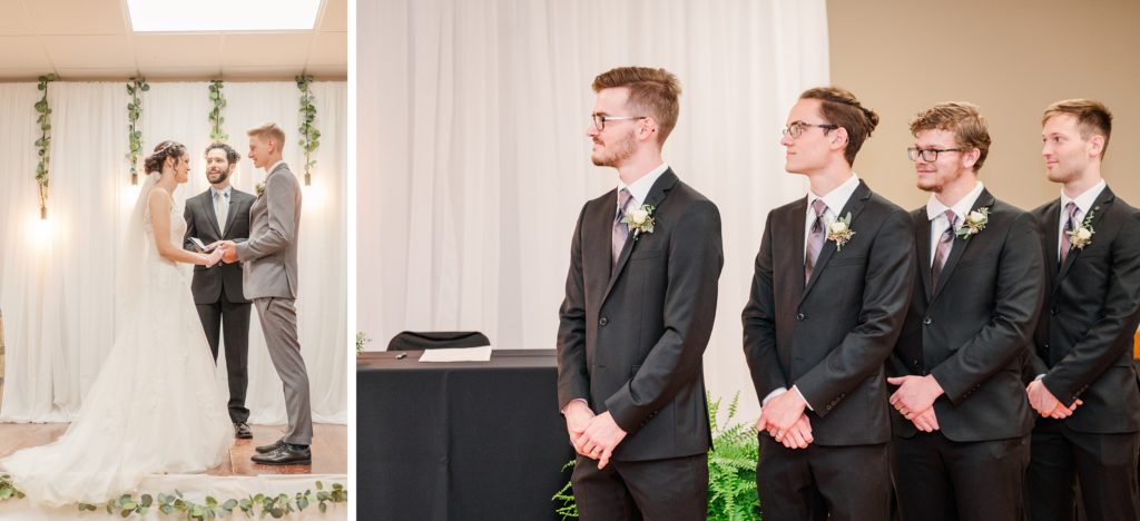 Aiden Laurette Photography | bride and groom joining hands and four men in dark grey suits