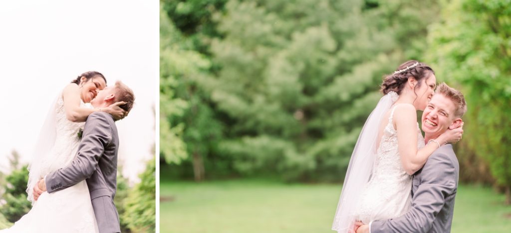 Aiden Laurette Photography | bride and groom pose on grass with trees in background