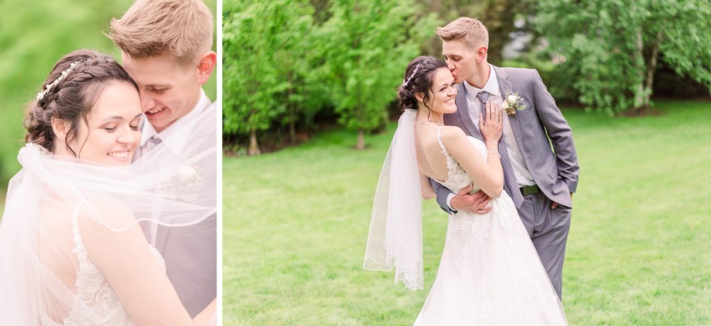 Aiden Laurette Photography | bride and groom pose on grass with trees in background