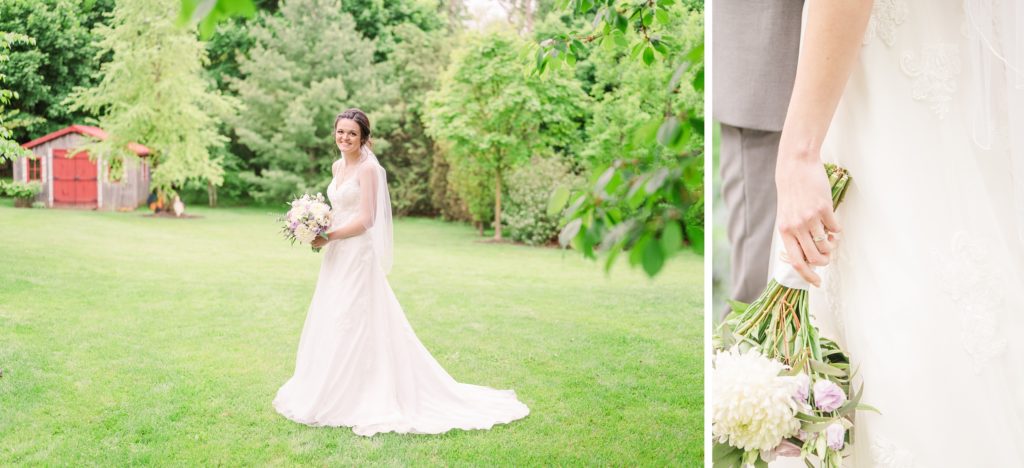 Aiden Laurette Photography | full shot of bride holding flowers with trees in background and close up of wedding dress and flowers