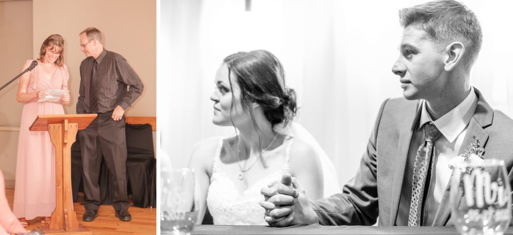 Aiden Laurette Photography | woman in pink dress and man in dark grey suit stand behind podium, black and white photo of bride and groom sitting down