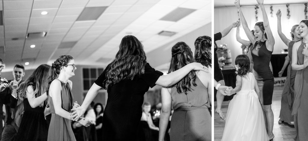 Aiden Laurette Photography | black and white photo of group enjoying life on the dancefloor