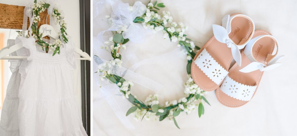 Aiden Laurette Photography | flower girl dress, shoes and greenery wreath