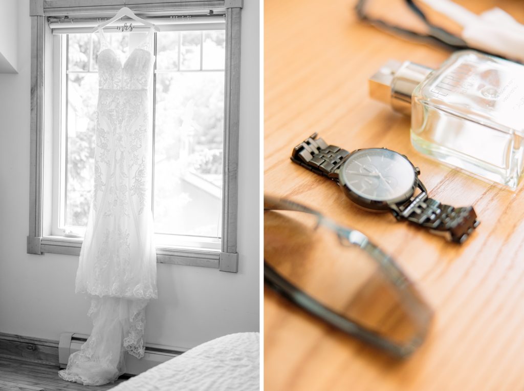 Aiden Laurette Photography | wedding dress hanging in window; wedding detail flatlay