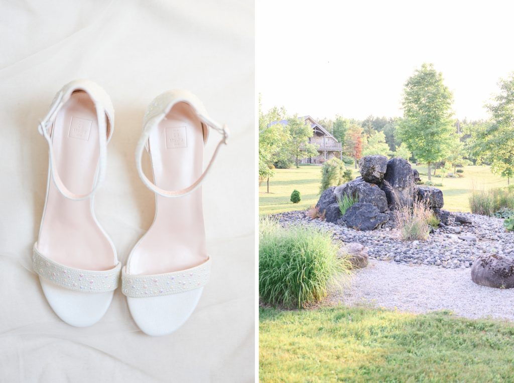 Aiden Laurette Photography | close up shot of white wedding shotes; exterior shot of stone building