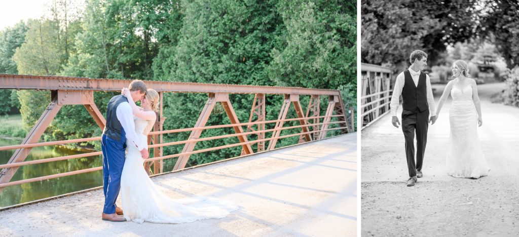 Aiden Laurette Photography | bride and groom hug on bridge; bride and groom walk hand in hand