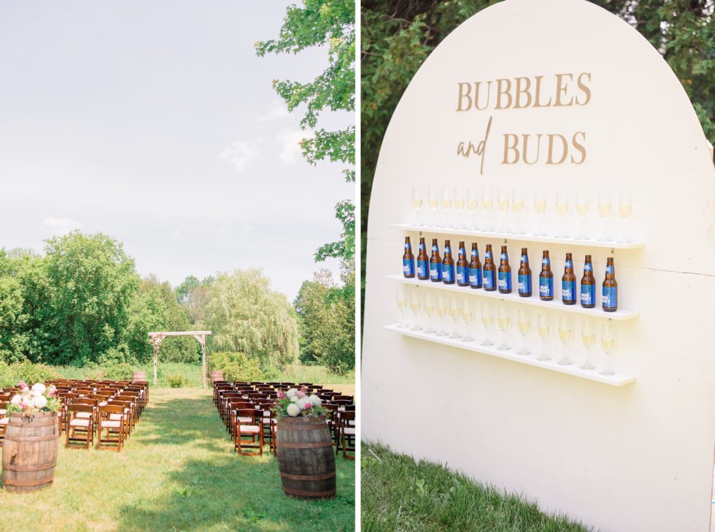 Aiden Laurette Photography | photo of wedding set up; beer bottles and champagne flutes sit on shelves under a sign that reads "bubbles and buds"