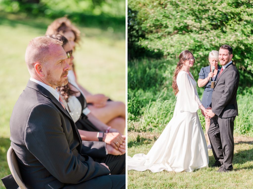 Aiden Laurette Photography | wedding guests look ahead, bride and groom stand in front of forest