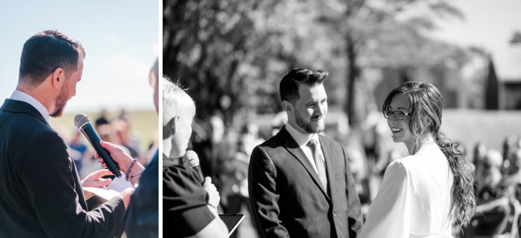 Aiden Laurette Photography | man speaks into microphone, bride and groom look at officiant