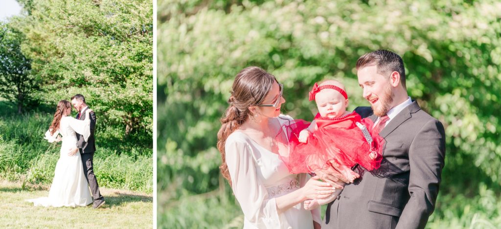 Aiden Laurette Photography | man and woman embrace with trees as background, man and woman hold infant girl in red dress