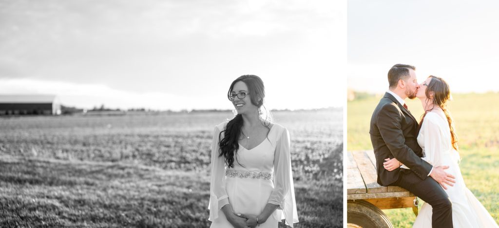 Aiden Laurette Photography | bride stands in field, bride and groom embrace