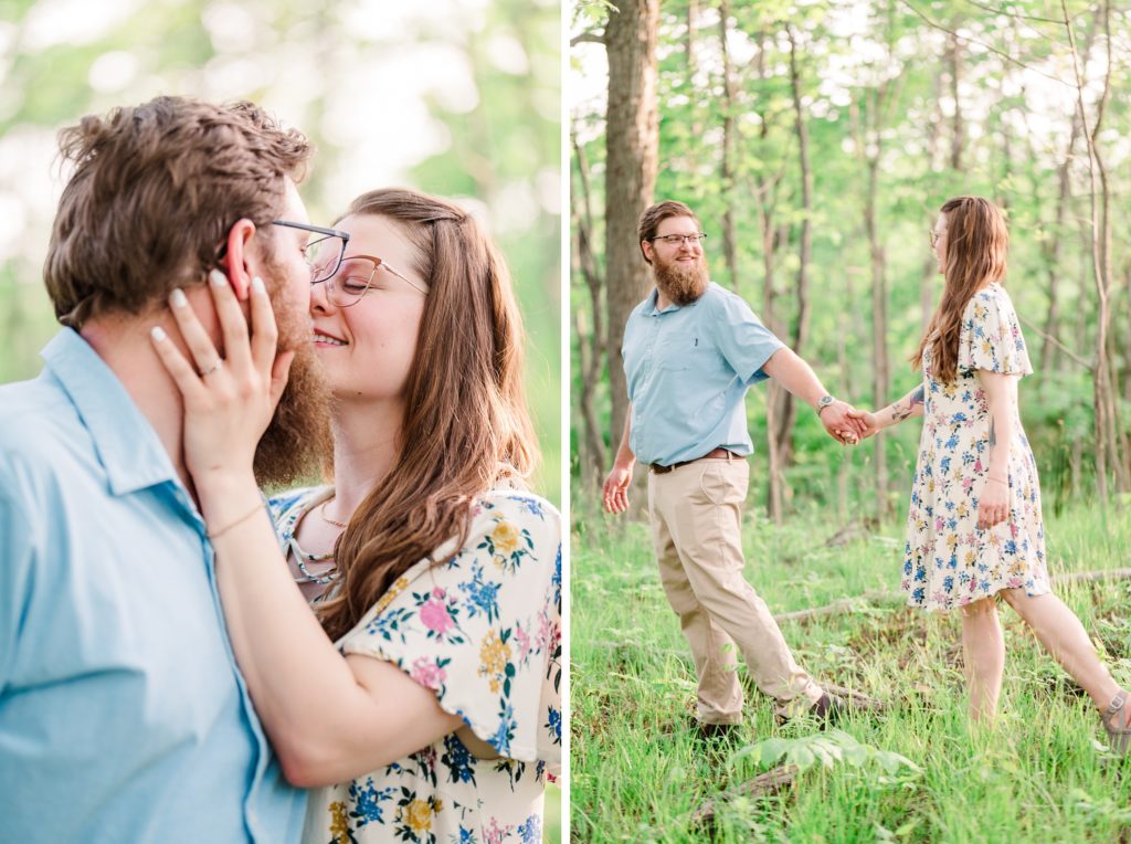 Aiden Laurette Photography | man and woman almost kissing, man and woman holding hands walking through forest