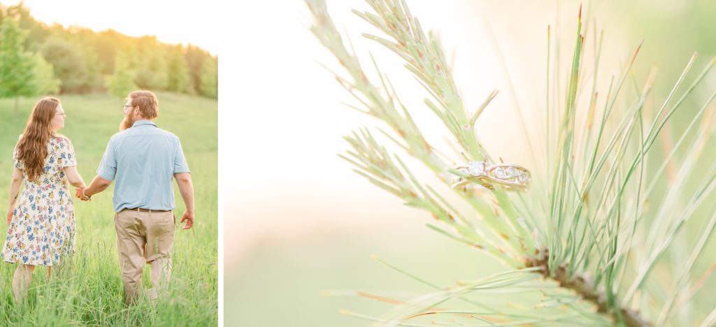 Aiden Laurette Photography | man and woman walking in field, close up photo of engagement ring on tree branch