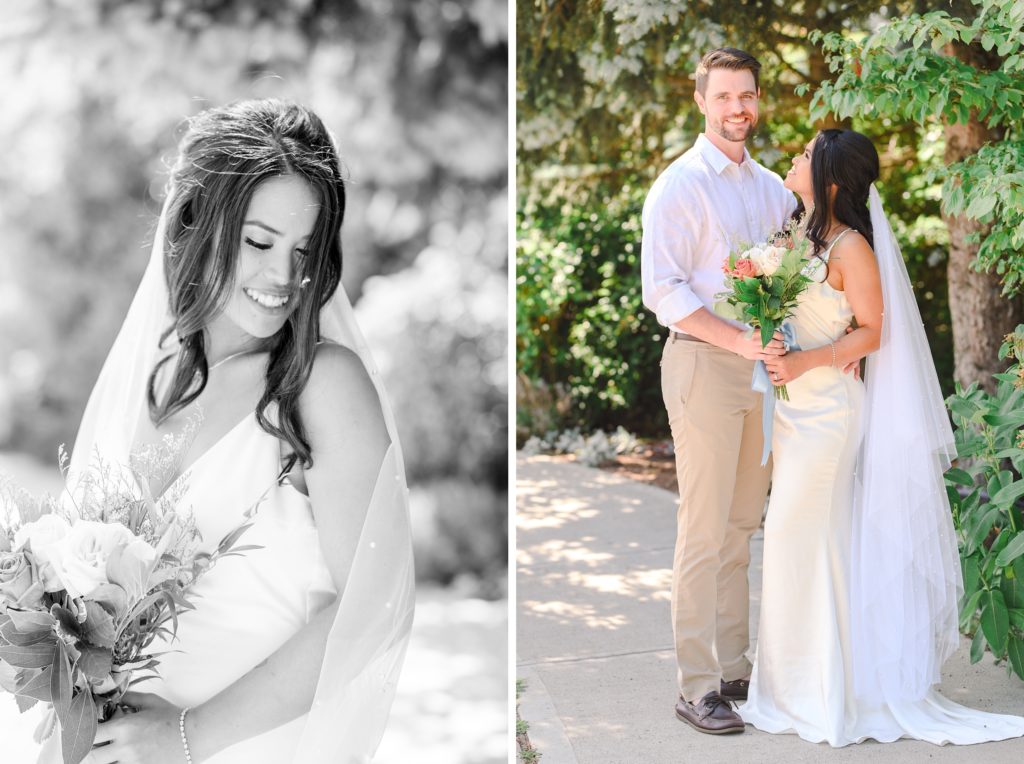 Aiden Laurette Photography | black and white image of bride, colour image of bride and groom standing on path 