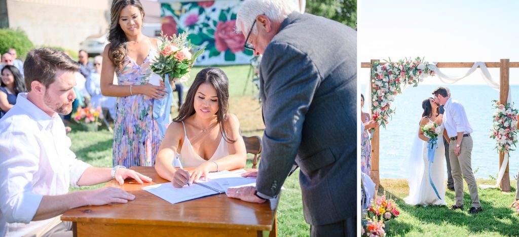 Aiden Laurette Photography | bride and groom sign marriage certificate; bride and groom kiss at alter