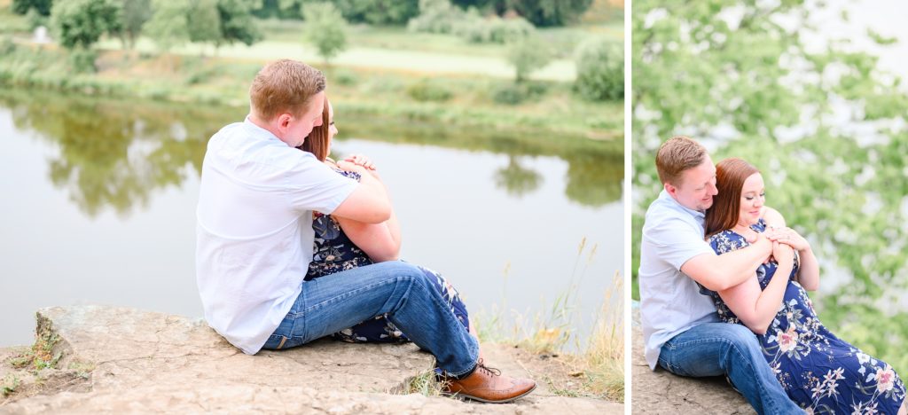 Aiden Laurette Photography | man and woman sit on rocks in front of river