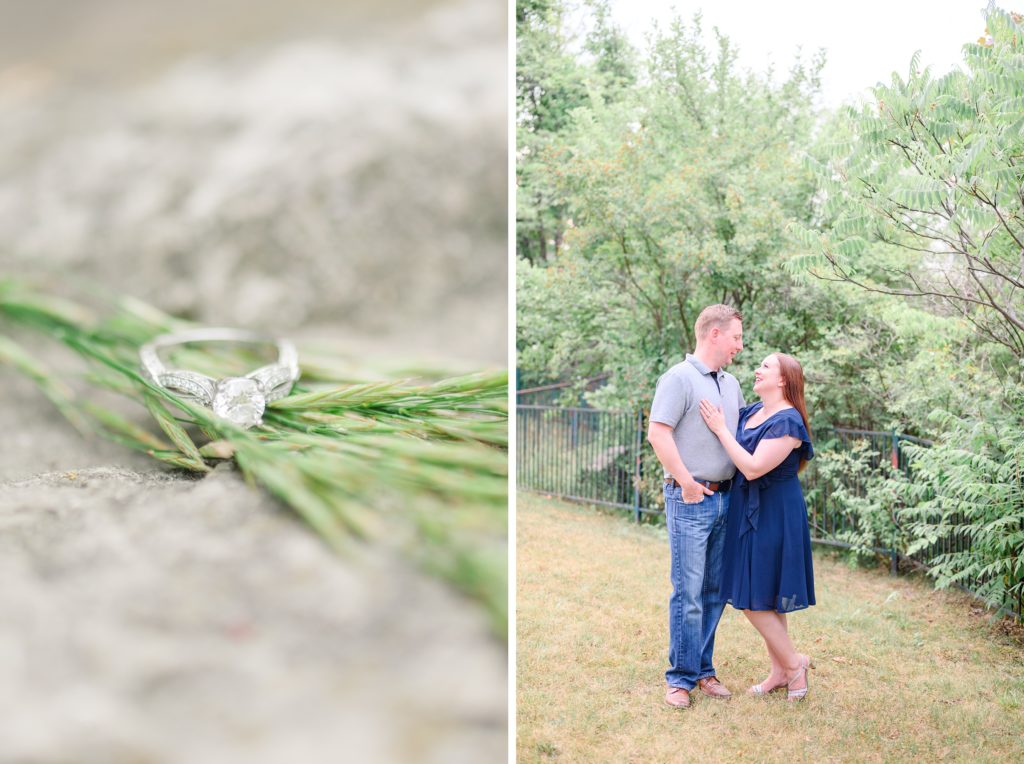 Aiden Laurette Photography | close up photo of engagement ring on greenery, man and woman stand embracing in front of trees