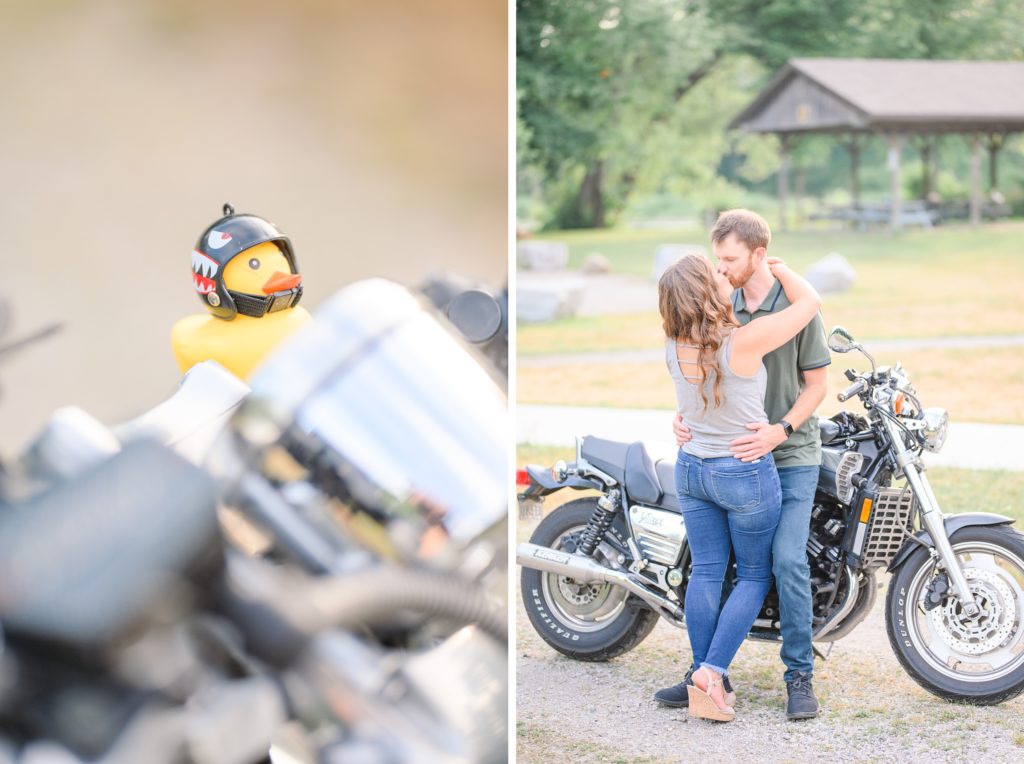 Aiden Laurette Photography | close up photo of rubber duck on motorcycle, man and woman kiss in front of motorcycle
