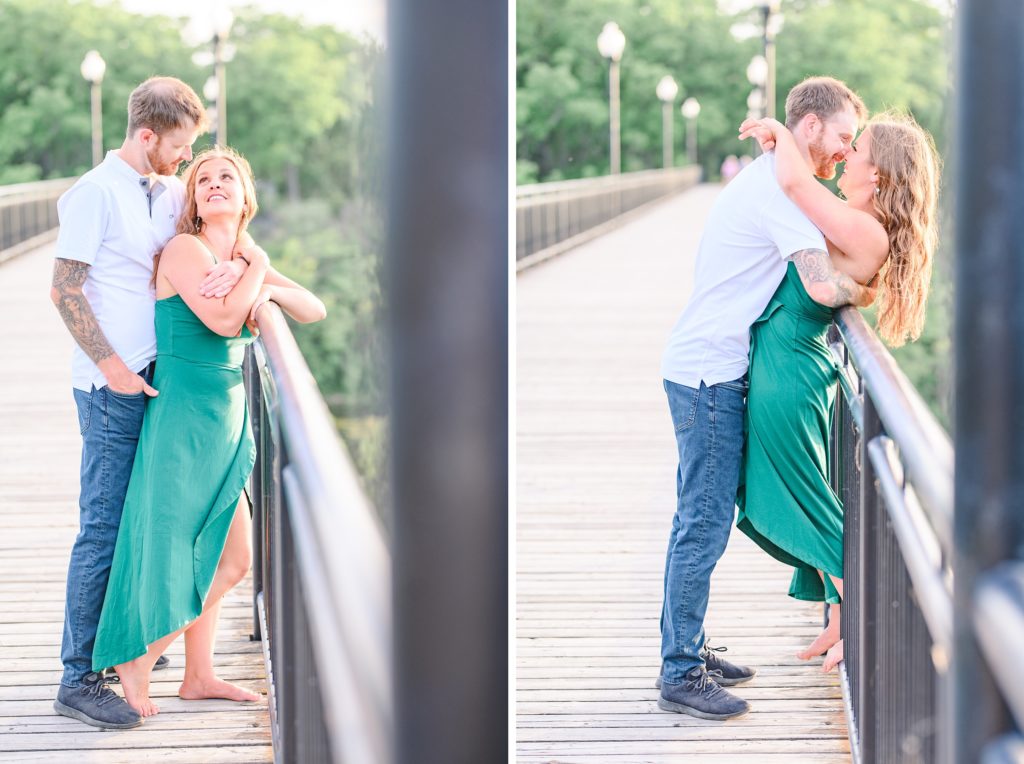 Aiden Laurette Photography | man and woman stand embracing on balcony rail