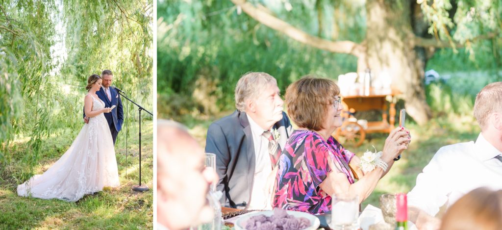 Aiden Laurette Photography | photo of wedding guests at dinner table in field under willows