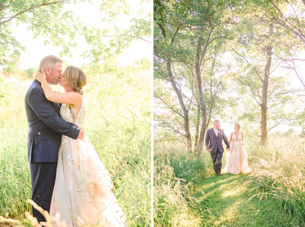 Aiden Laurette Photography | bride and groom kiss and walk in front of willow trees in field