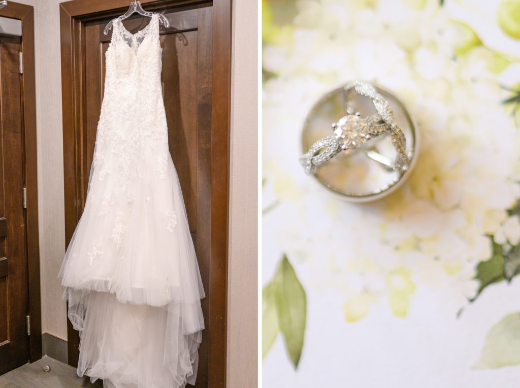 Aiden Laurette Photography | photo of wedding dress hanging and close up photo of rings